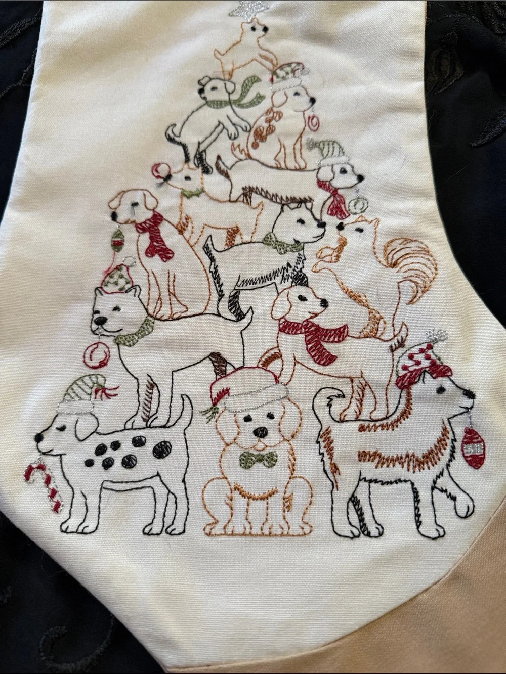 Dog-Themed Holiday Stocking - Neutral Beige & White
